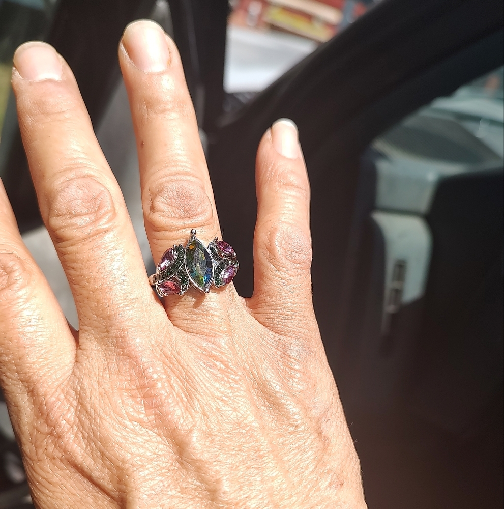 Silver Ring with Purple and Green Stones